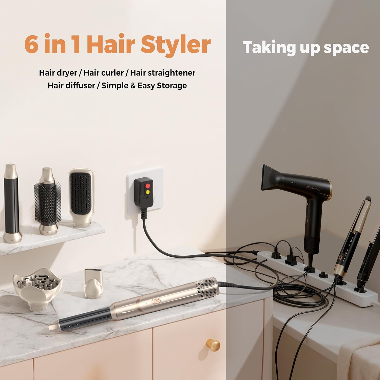 6 In 1 Hair Dryer Brush, Foldable Blow Dryer Brush With Air Styler Curler Wrap, Detachable Hot Air Brush Dry,Volumize, Straight,Curl, Negative Ion Brush Blow Dryer With Diffuser, Hair Styler Tools