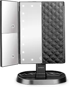 Deweisn Trifold Lighted Vanity Makeup Mirror With 21 LEDs Lights,1X/2X/3X Magnification And Touch Screen Dimming,Two Power Supplies Makeup Mirror, Gift For Women