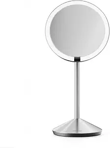 Simplehuman Sensor Mirror Fold, 5'' With 10X Magnification, Round Rechargeable Travel Makeup Mirror, Tru-Lux® Full-Spectrum Light, Adjustable Brightness & Height, Brushed Stainless Steel