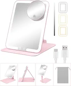 Gospire Travel Makeup Mirror With Lights And Magnification 10X, Pink