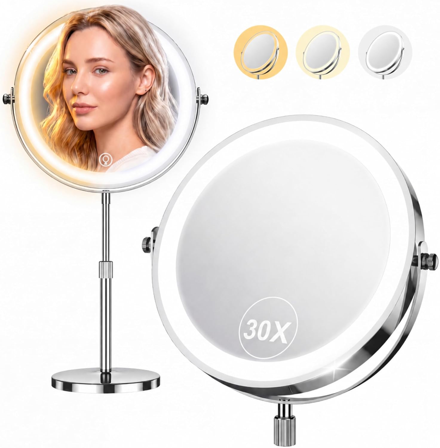 Dienmern 1X/30X Makeup Mirror With Lights, 9" Magnifying Vanity Mirror