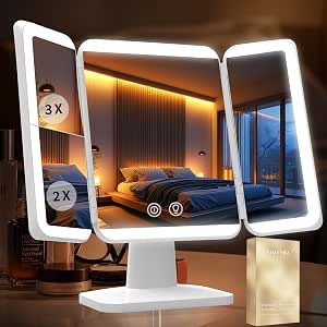 Simetra 15.6'' Rechargeable Makeup Mirror With Lights, 156 LED Magnification Vanity Mirror With 3 Colors Lights, 3000Mah Lighted Mirror, Touch Control Trifold Mirror For Women Travel Desk