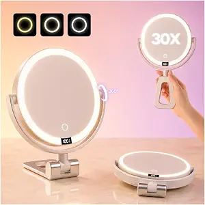 1X/30X Makeup Mirror With Lights, Rechargeable Magnifying Mirror