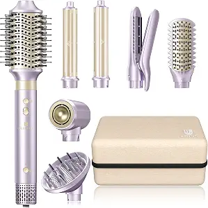 Highlights the all-in-one nature of the styler, the purple colorway, and the included attachments/accessories.