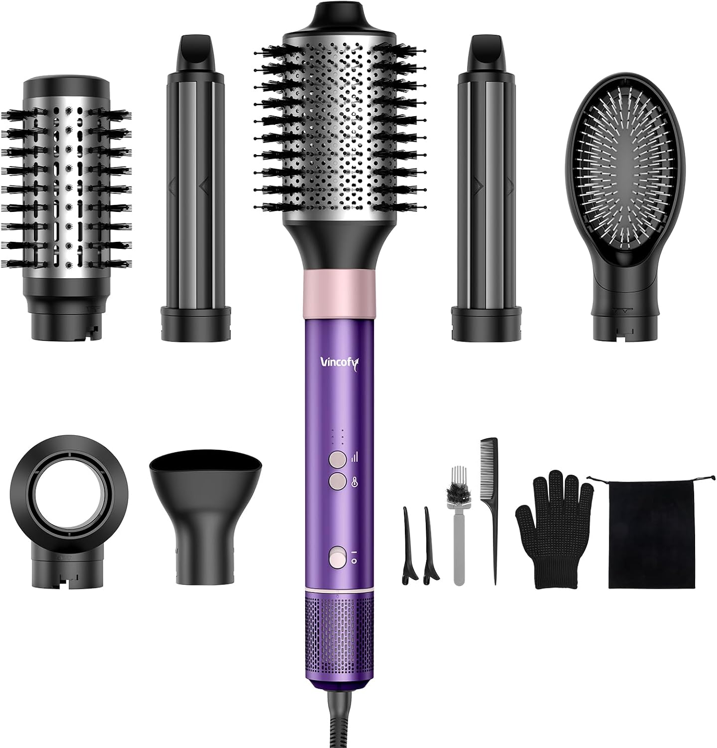 Vincofy 7 In 1 Blow Dryer Brush Set – Hot Air Styler For Fast Drying, Curling, Straightening & Volumizing – Ionic Hair Dryer Brush With 1500W Power – No Heat Damage For All Hair Types – Lilac