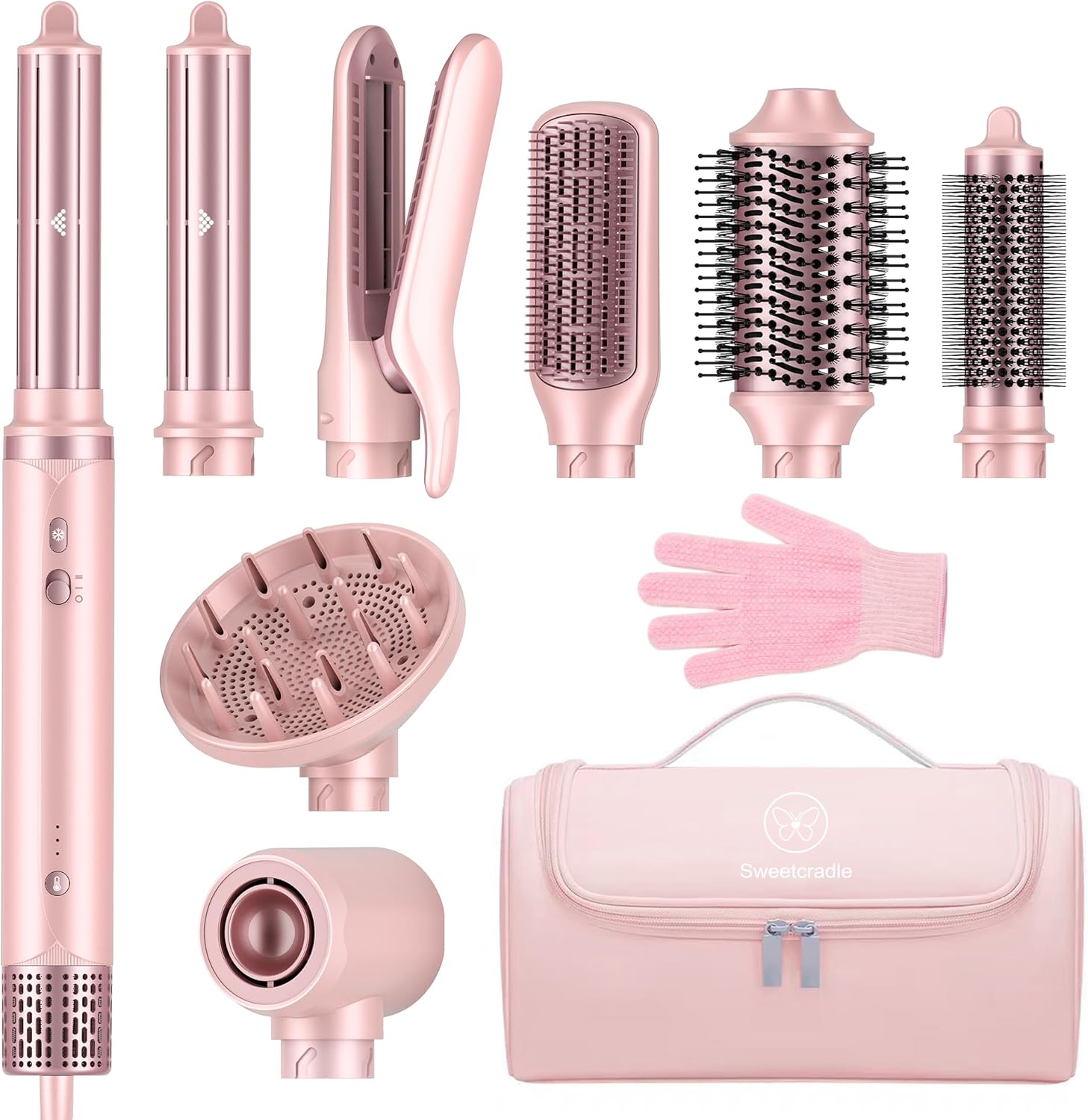 8-In-1 Hair Styler & Hair Dryer Brush Set, Dual Voltage Ionic Blow Dryer With Wrap Curlers & Hair Straightener, Fast Drying Volumizing Curling Straightening, No Heat Damage, Gifts For Women