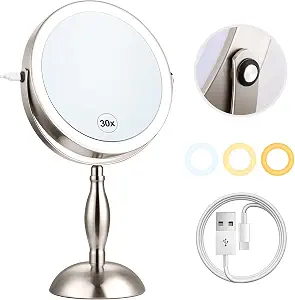 Makeup Mirror With Light - Brushed Nickel, 30X Makeup Mirror With 3 Colors