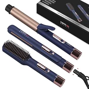 Hair Straightener And Curler, Parwin Pro Beauty 1'' Flat Iron, 1.25'' Curling Iron Hair Straightener Brush With Detachable Power Cord, LED Temp Control Instant Heat Up For Gift Travel, Prussian Blue
