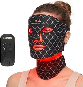 Shows the overall mask design, highlighting the face-and-neck coverage concept and the cordless beauty-device positioning.