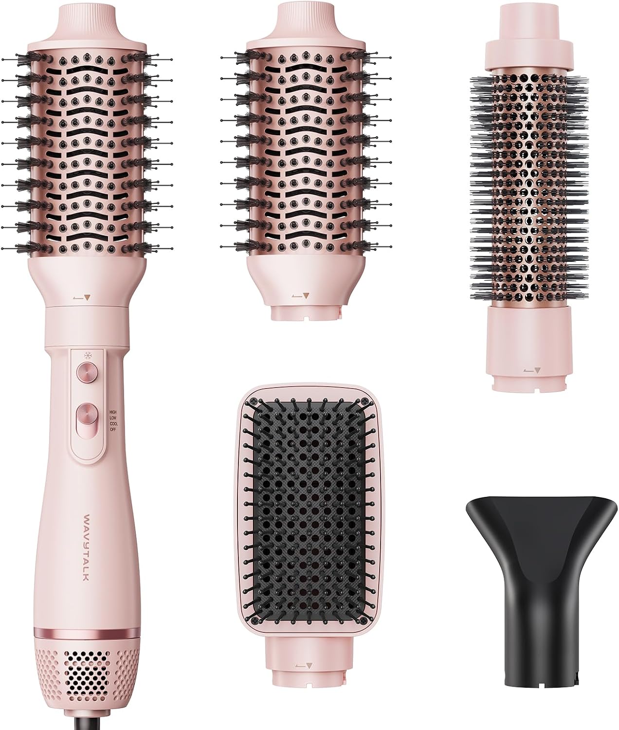 Shows the full kit and the pink finish, helping communicate that this is a multi-piece styling set rather than a single brush.