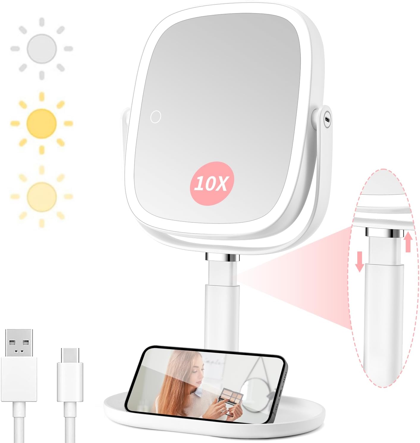 Vanmirr Lighted Makeup Mirror, Height-Adjustable With Magnification