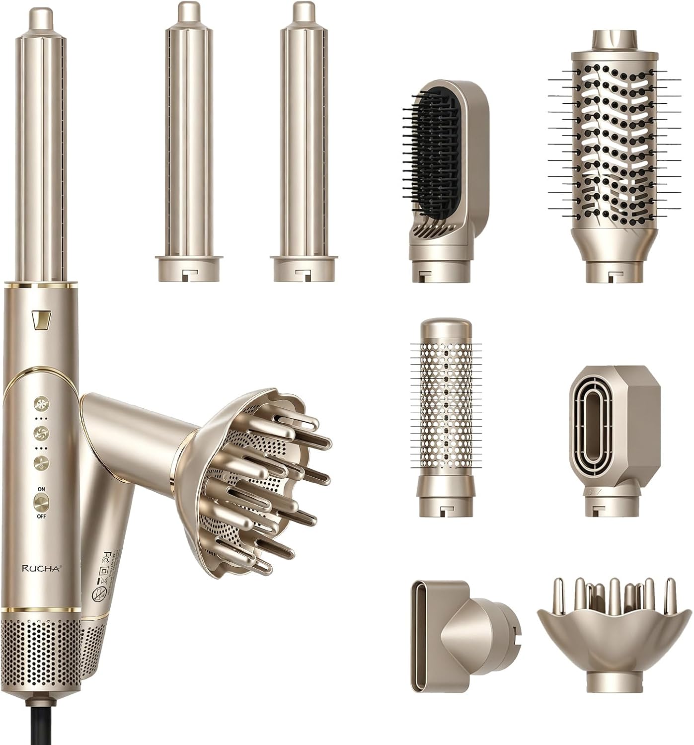 Rucha 8 In 1 Hair Styler & Hair Dryer Brush Blow Dryer, 110,000 Rpm High Speed Nora Hair Styler, Multi Professional Hot Air Styler For Straightening Curling Volumizing Drying, Champagne Gold