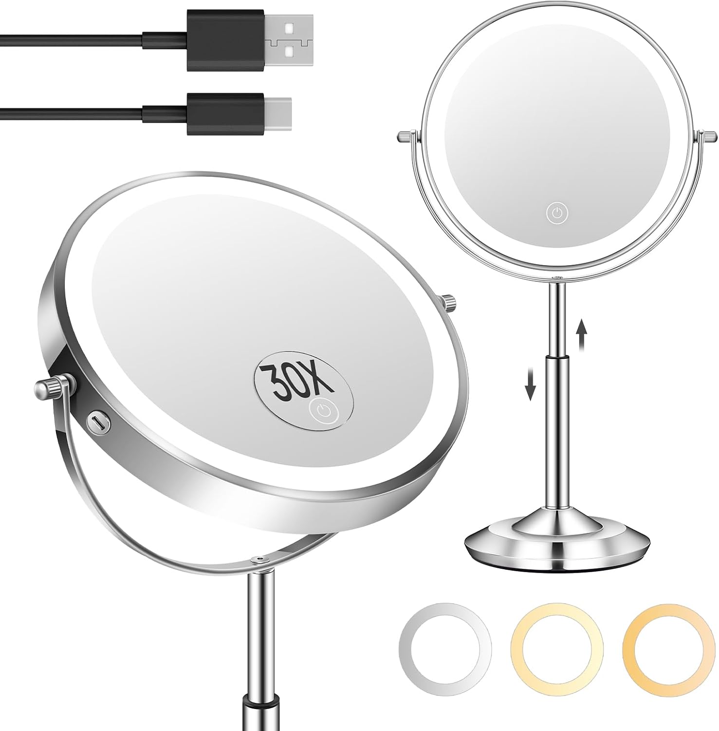 Overall appearance, premium chrome finish, round shape, and the mirror’s modern desktop presentation.
