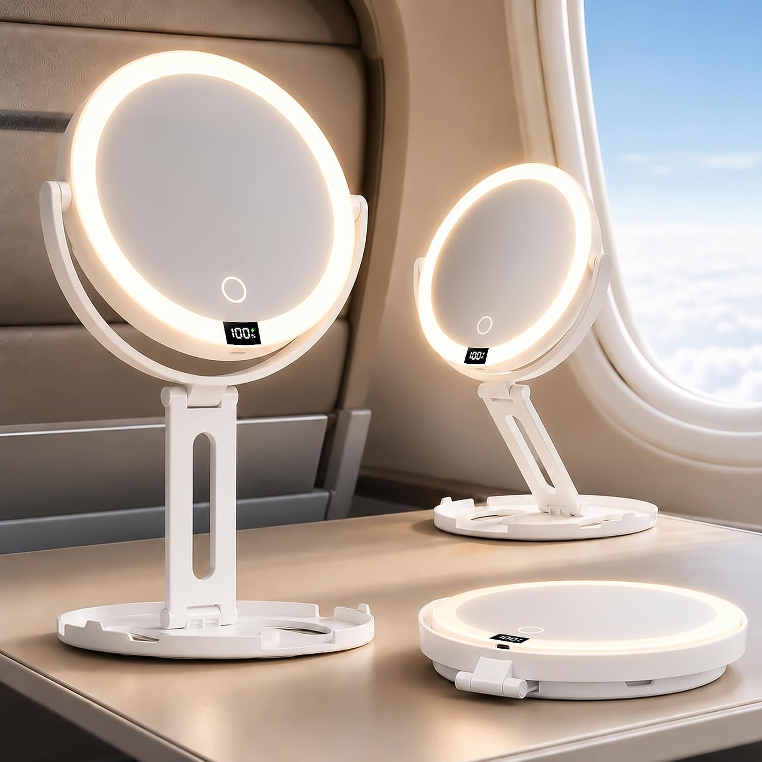Overall form factor, white finish, and the lighted double-sided makeup mirror design.