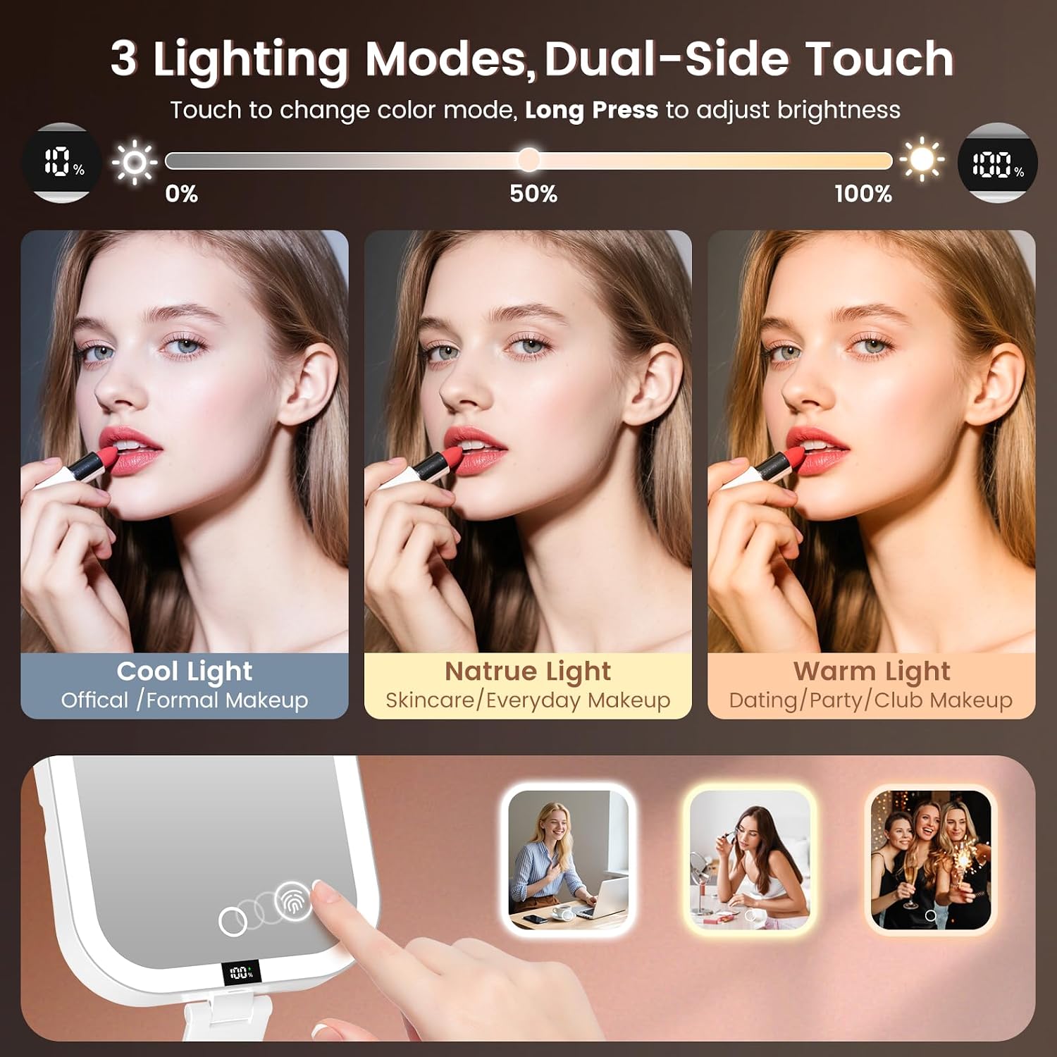 Key functional details such as LEDs, touch controls, or dual-sided mirror layout.