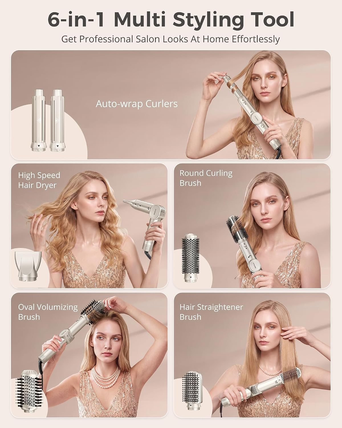 6 In 1 Air Hair Styler Blow Dryer Brush Set - High Speed Negative Ions Hair Dryer 110,000 Rpm With Auto Wrap Curlers - No Heat Damage For Curling, Volumizing, Straightening - Champagne Gold