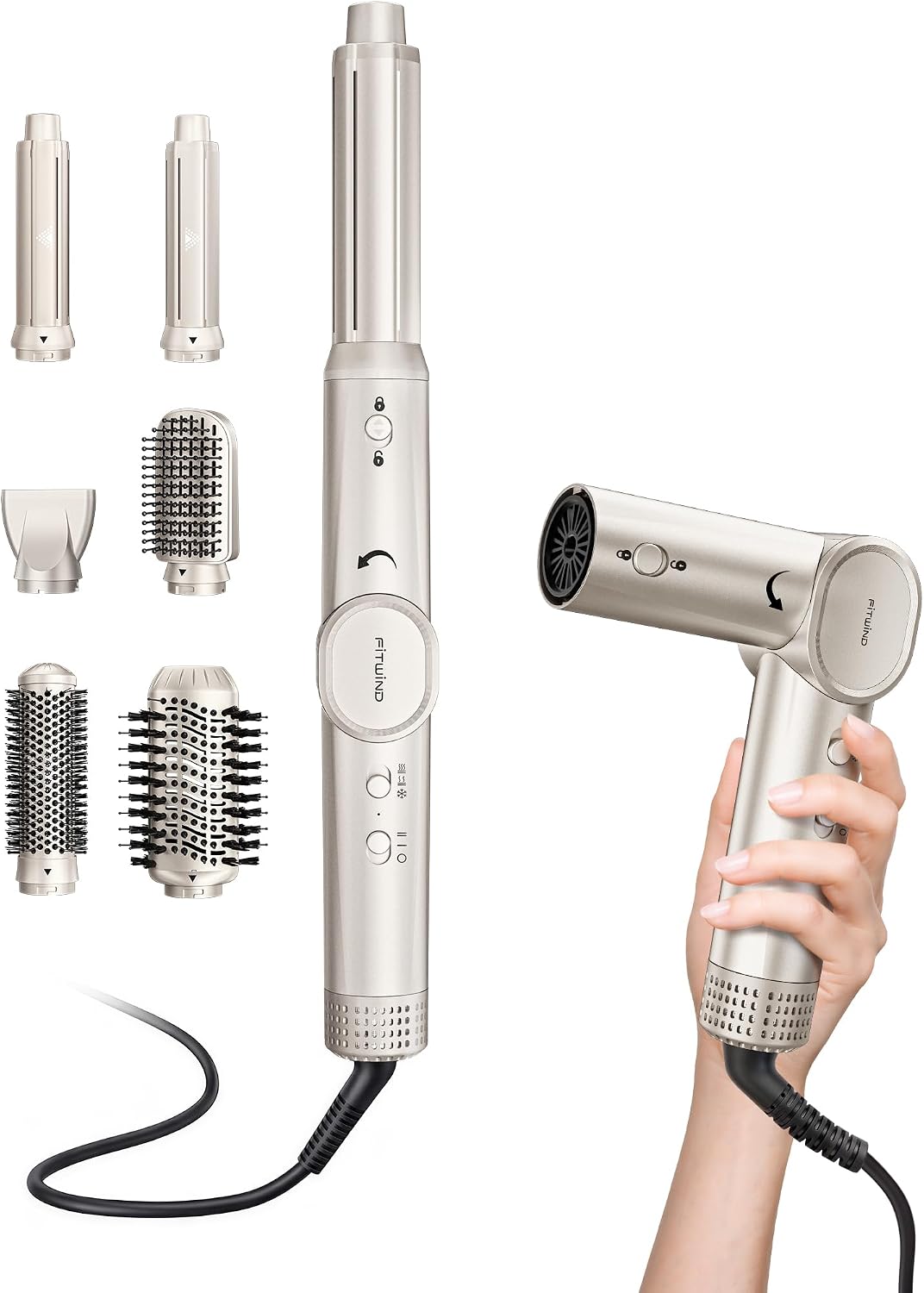 Highlights the full multi-styler concept, included attachments, and premium presentation of the kit.