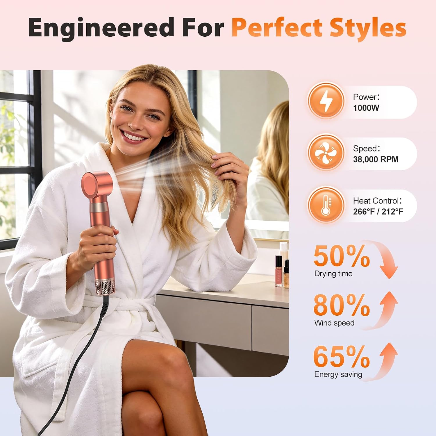 Useful for reinforcing technical claims such as volumizing, smoothing, or auto-wrap curling functionality.