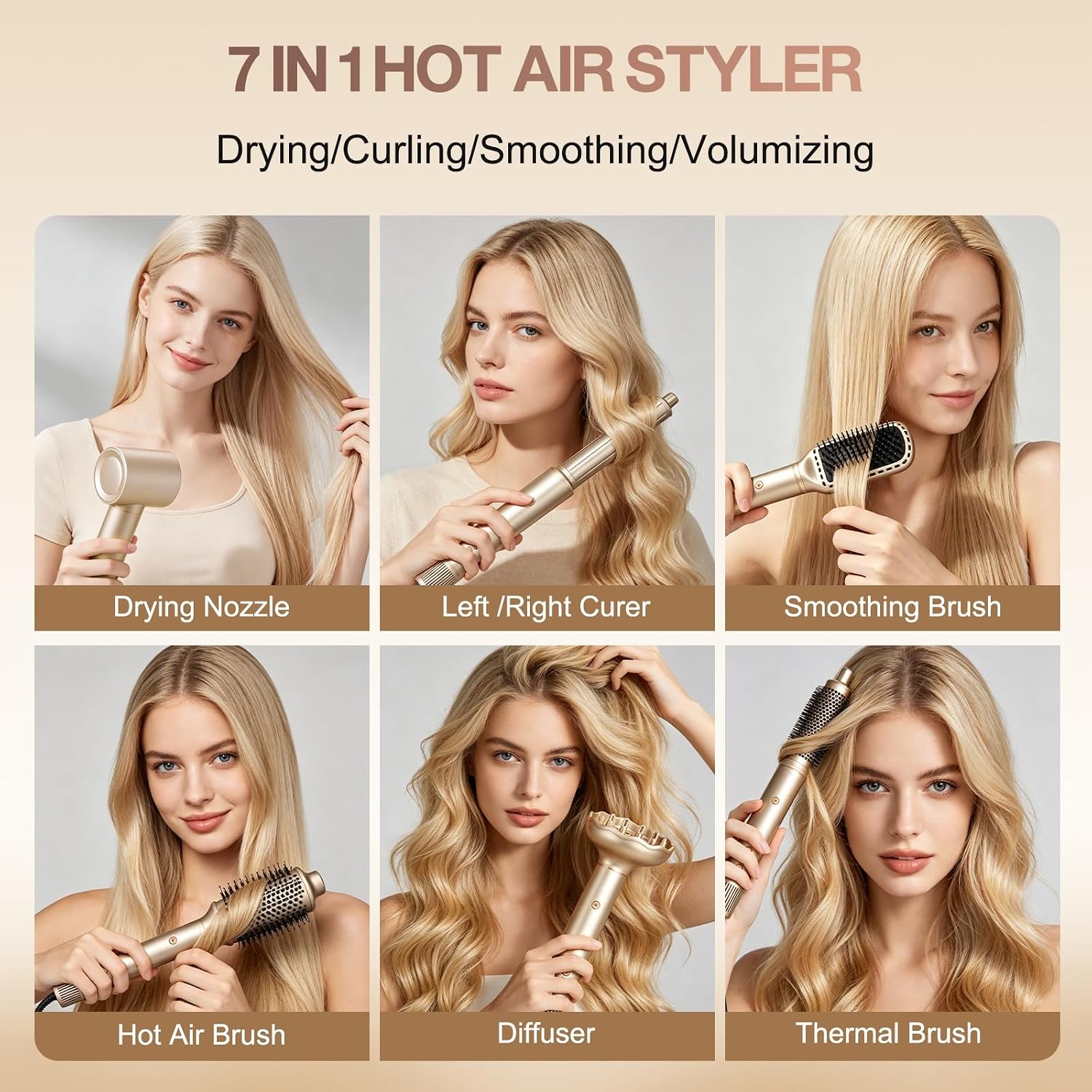 7-In-1 Dual Voltage Hot Air Styler: Blow Dryer Brush Set With Negative Ion & Cool Shot - Auto Wrap Curling/Fast Drying- No Heat Damage/Frizz Free - With Diffuser & Eu Adapter & Travel Bag–Gold