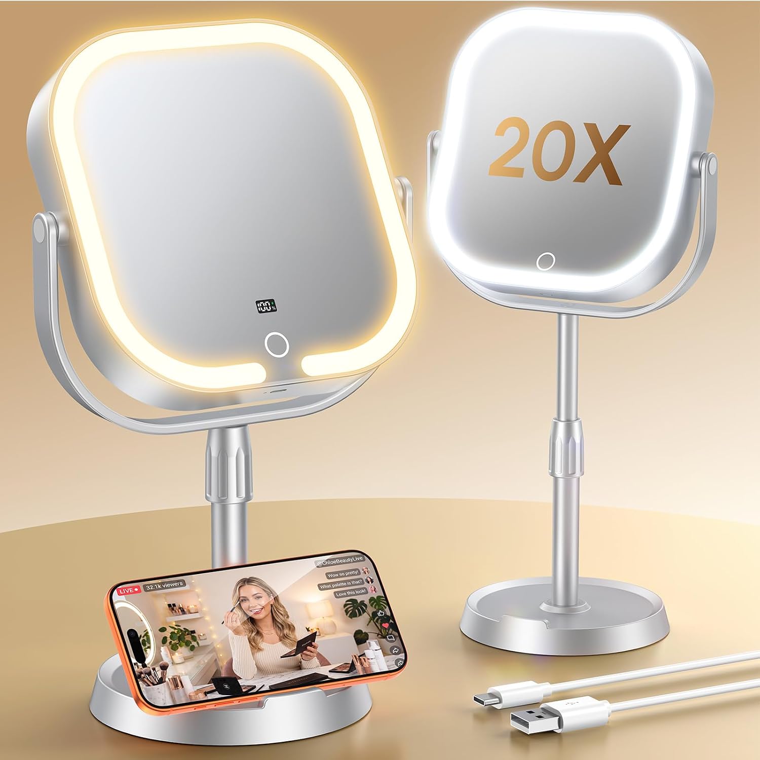Overall design, size, and first-impression appeal; useful for showing the product as a modern tabletop makeup mirror.