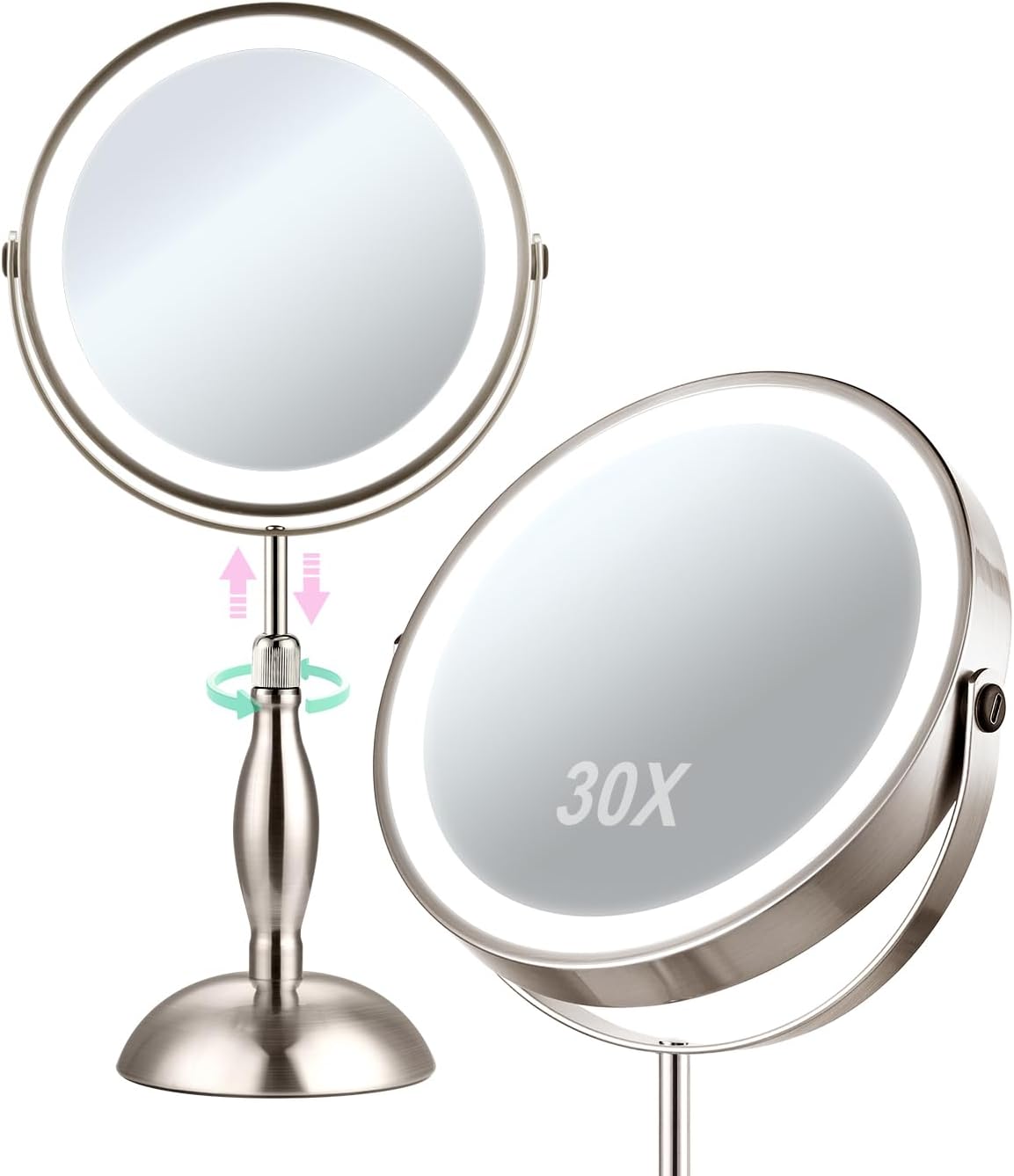 30X Magnifying Mirror With Lights, 8" Height Adjustable Makeup Mirror
