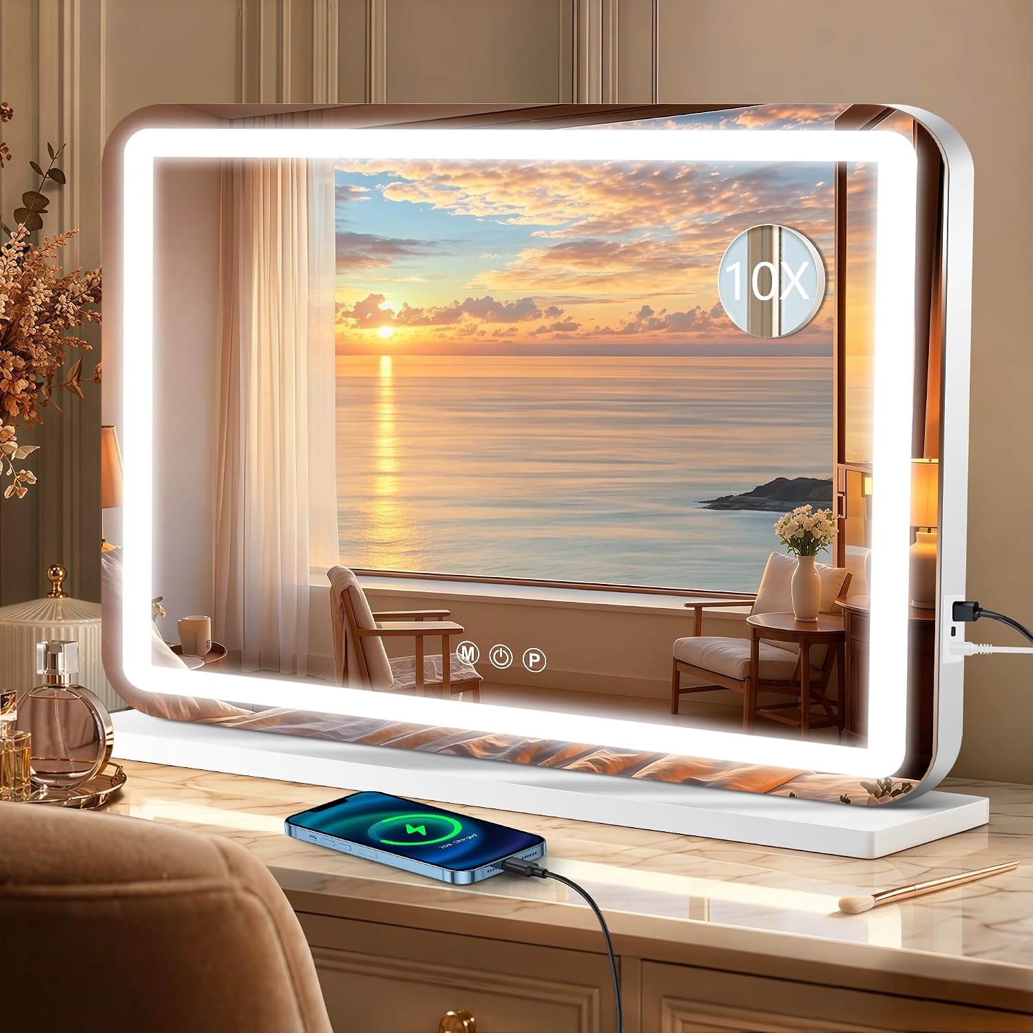 Ratsamee 23" X 18" Vanity Mirror With Lights, LED Lighted Makeup Mirror With 3 Color Dimmable Lights, Touch Control, USB Charging Port, Gifts For Women Wife Teengirls