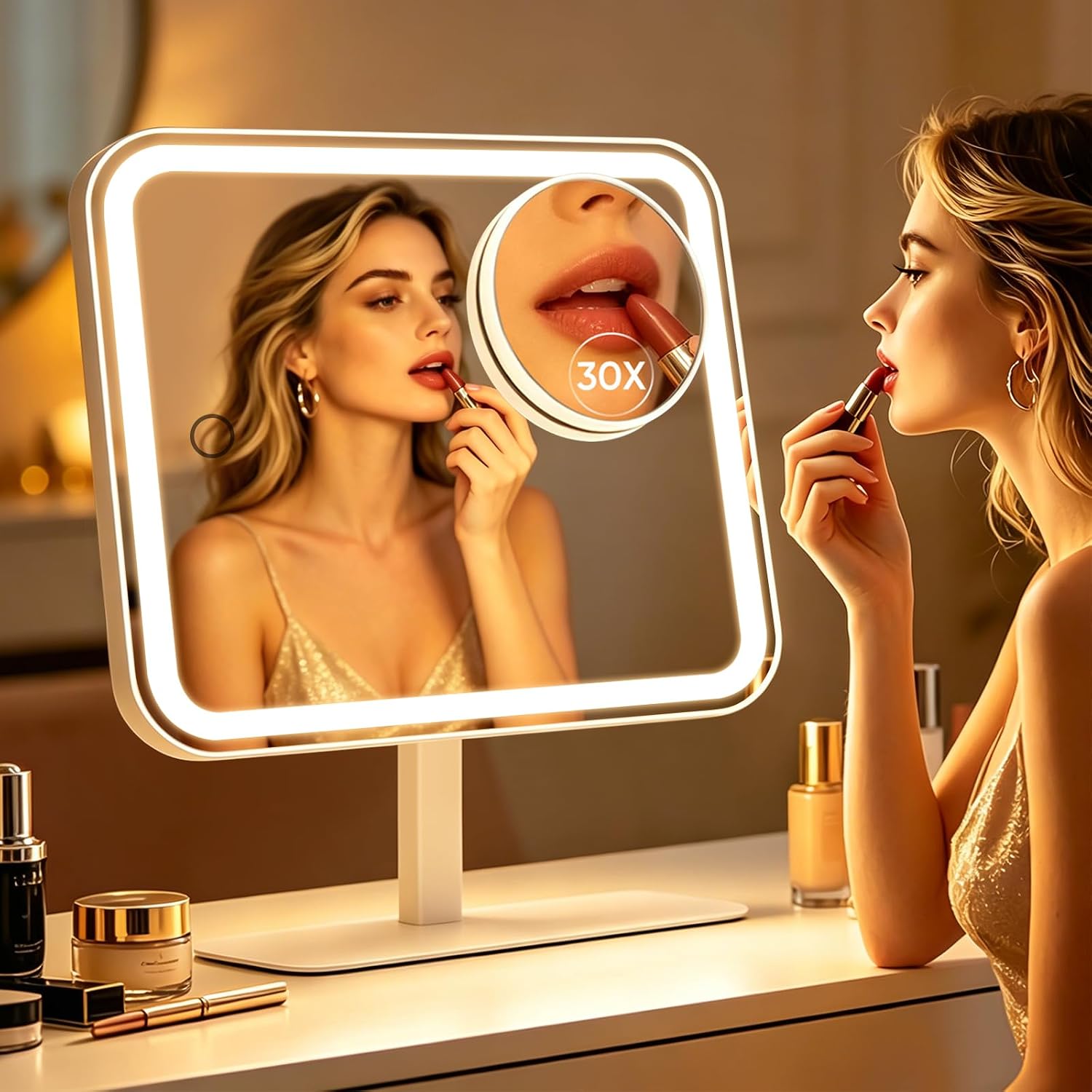 Overall design, size, lighting frame, and the detachable 30X magnifier as the core value proposition.