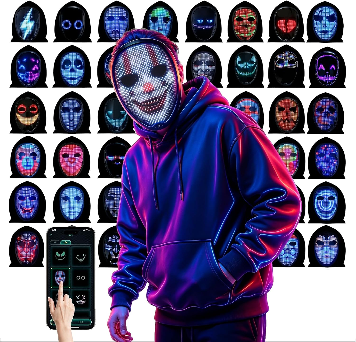 Shows the main visual appeal, brightness, and overall face coverage of the LED mask.