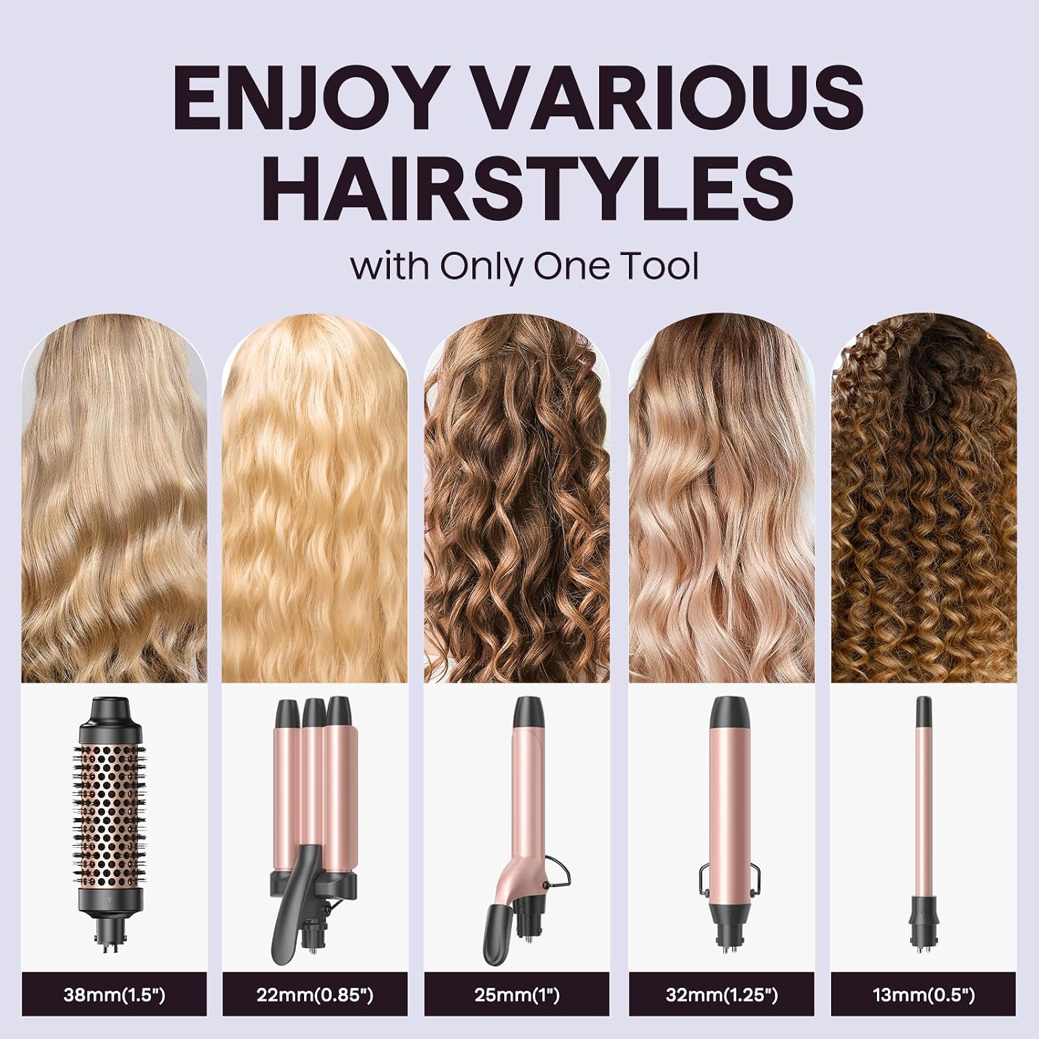 Wavytalk 5 In 1 Curling Wand Set, 0.5-1.25" Barrels& Thermal Brush& Crimper | 5 Interchangeable Ceramic Curling Irons, Dual Voltage Curling Iron, 30S Fast Heating & Safe Styling