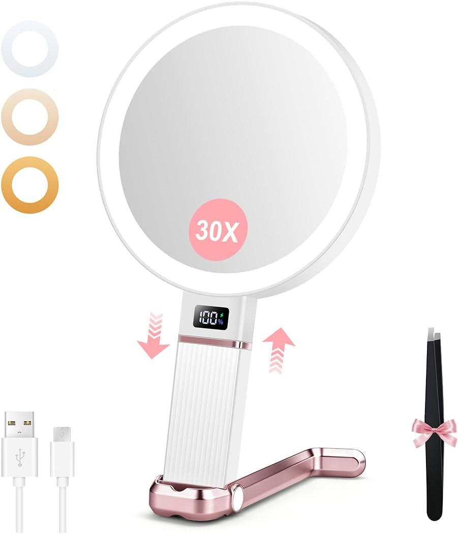 Overall design, rose gold finish, and the mirror's portable tabletop form factor.