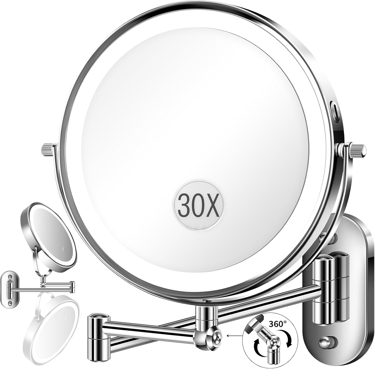 Overall design, chrome finish, round shape, and the fact that this is a wall-mounted lighted magnifying mirror.
