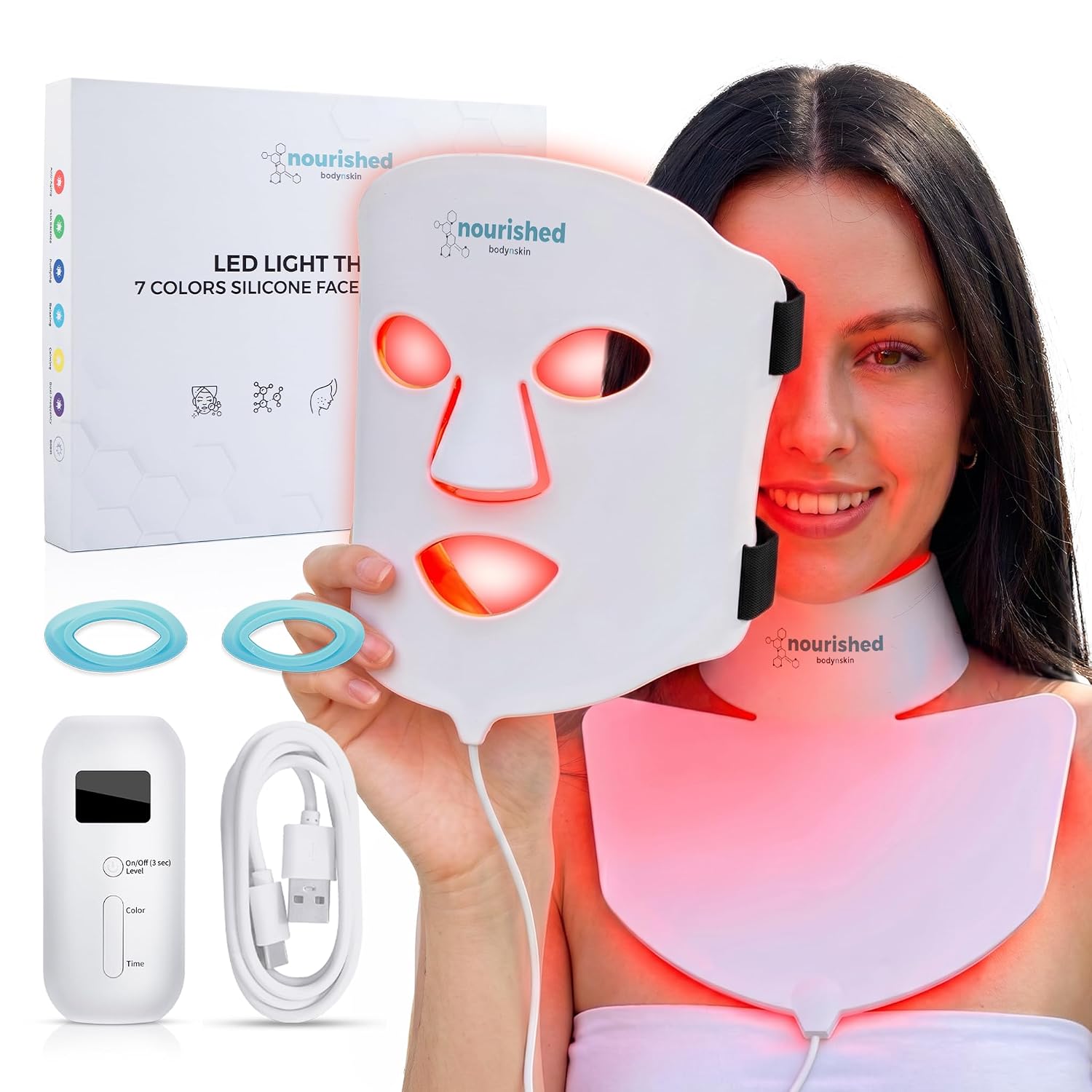 LED Light Therapy Face & Neck Mask - Facial Skin Care Device - 7 Colors Red & Blue - Rejuvenation, Anti-Aging Product For Wrinkles