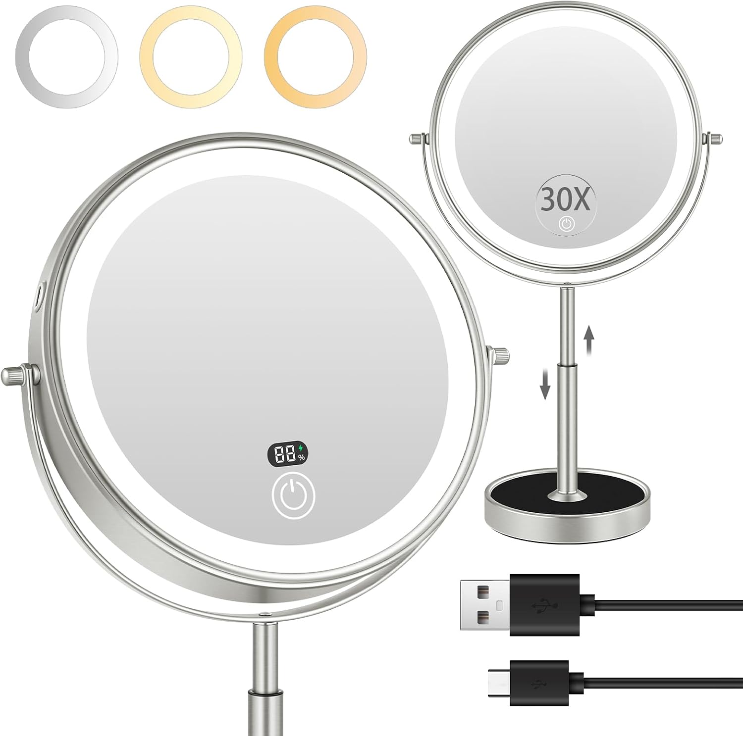 Overall design, adjustable stand, and the mirror’s modern illuminated look.