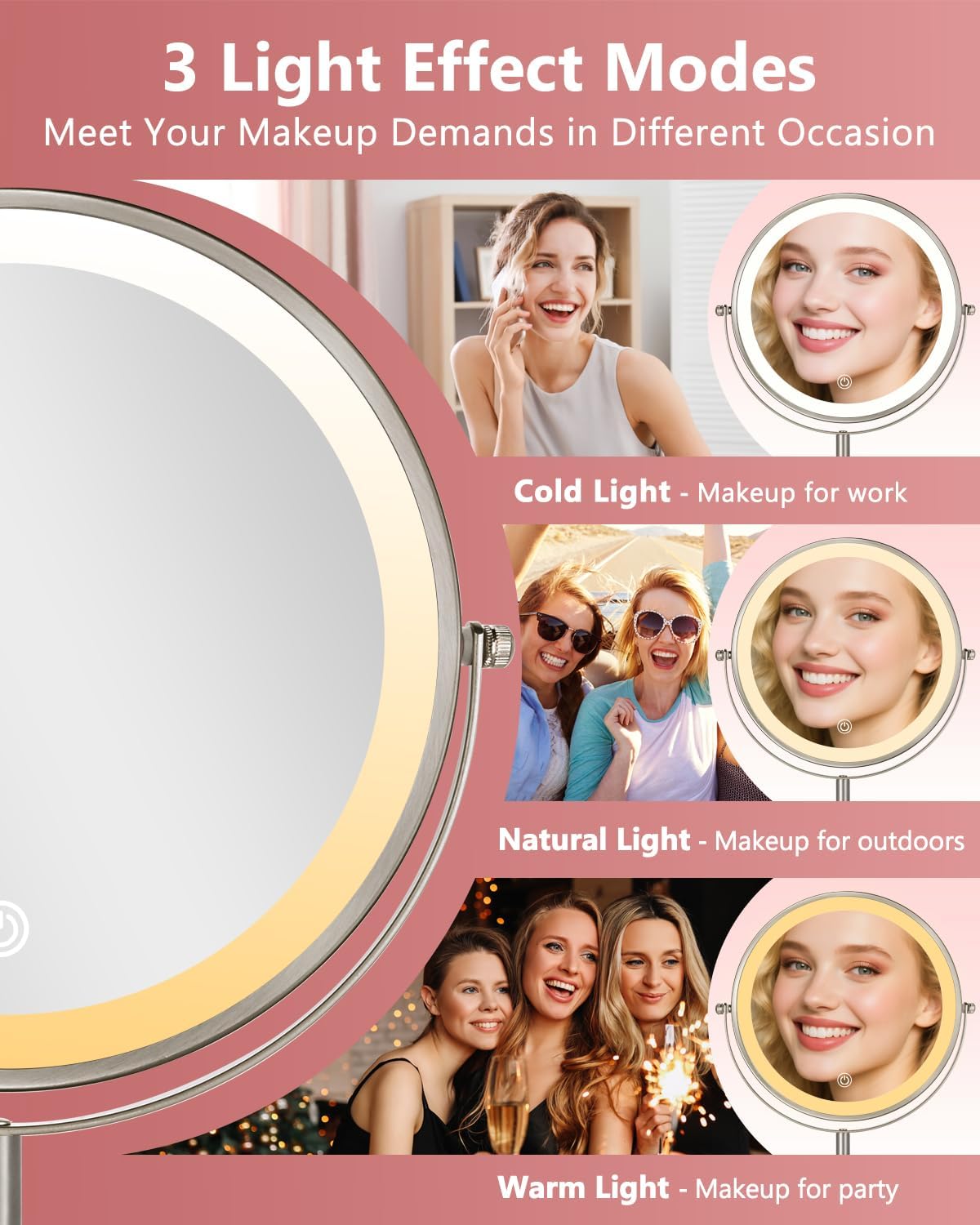 9" Lighted Makeup Mirror, 30X/1X Magnifying Mirror With Light Double Sided, Large Size 360°Rotation Makeup Mirror With Magnification, 3 Colors Brightness Adjustable Vanity Mirror, Nickel