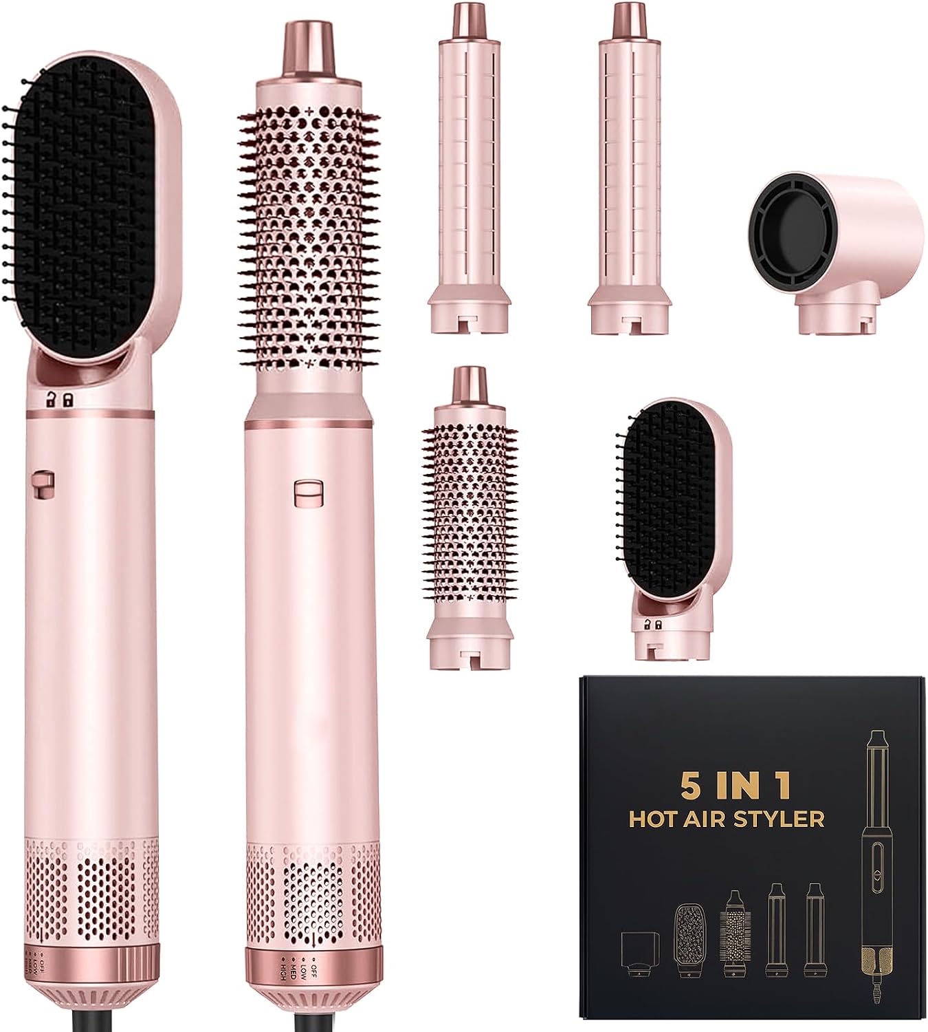 Highlights the full 5-in-1 system and the pink colorway, making the product feel complete and versatile at a glance.