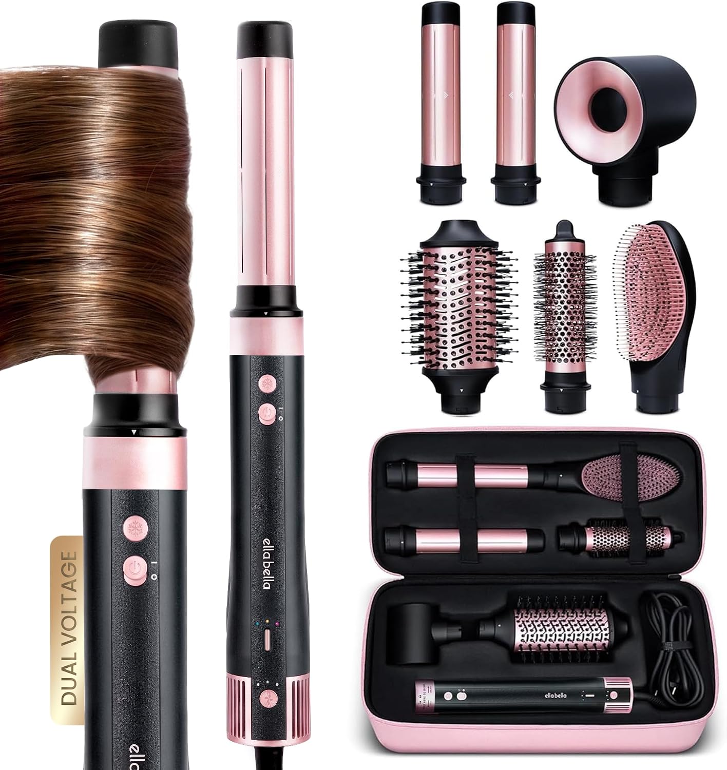 Ella Bella® 6 In 1 Professional Hot Air Styler Dual Voltage & Straightener | Styling Without Heat Damage - Fast Drying, Curling, Volumizing & Straightening. Includes Travel Case