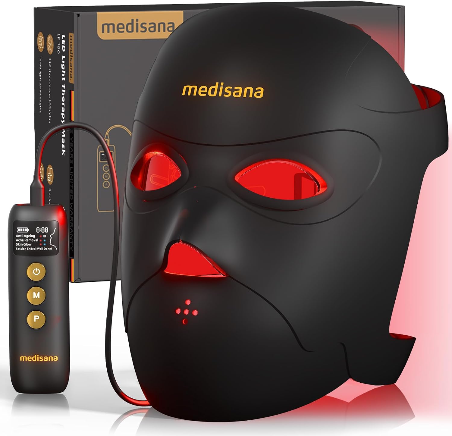 Highlights the mask’s overall form factor, premium look, and cordless wearable design.