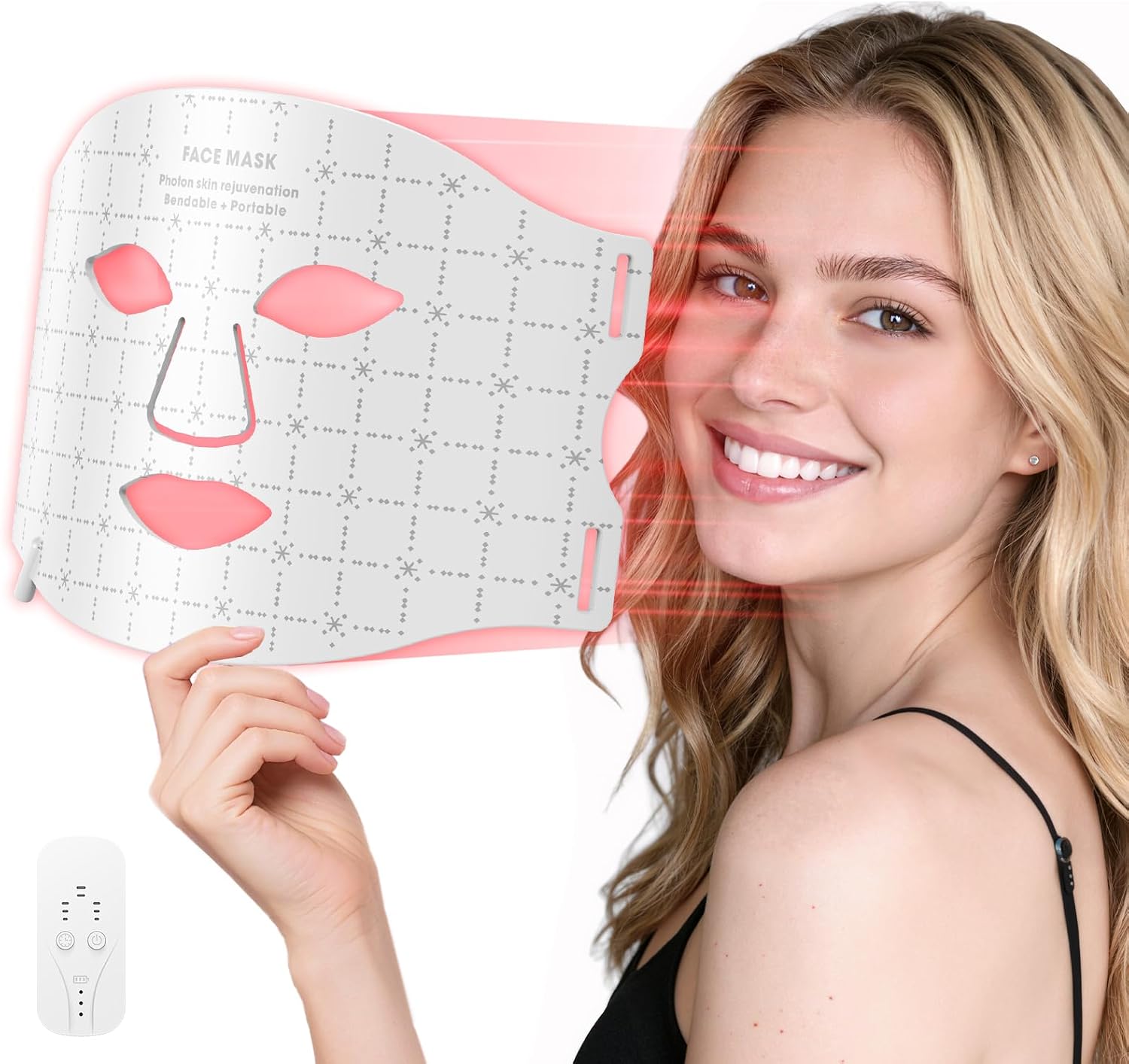 Highlights the overall design, face coverage, and the fact that this is a dedicated red light therapy mask for at-home skincare.