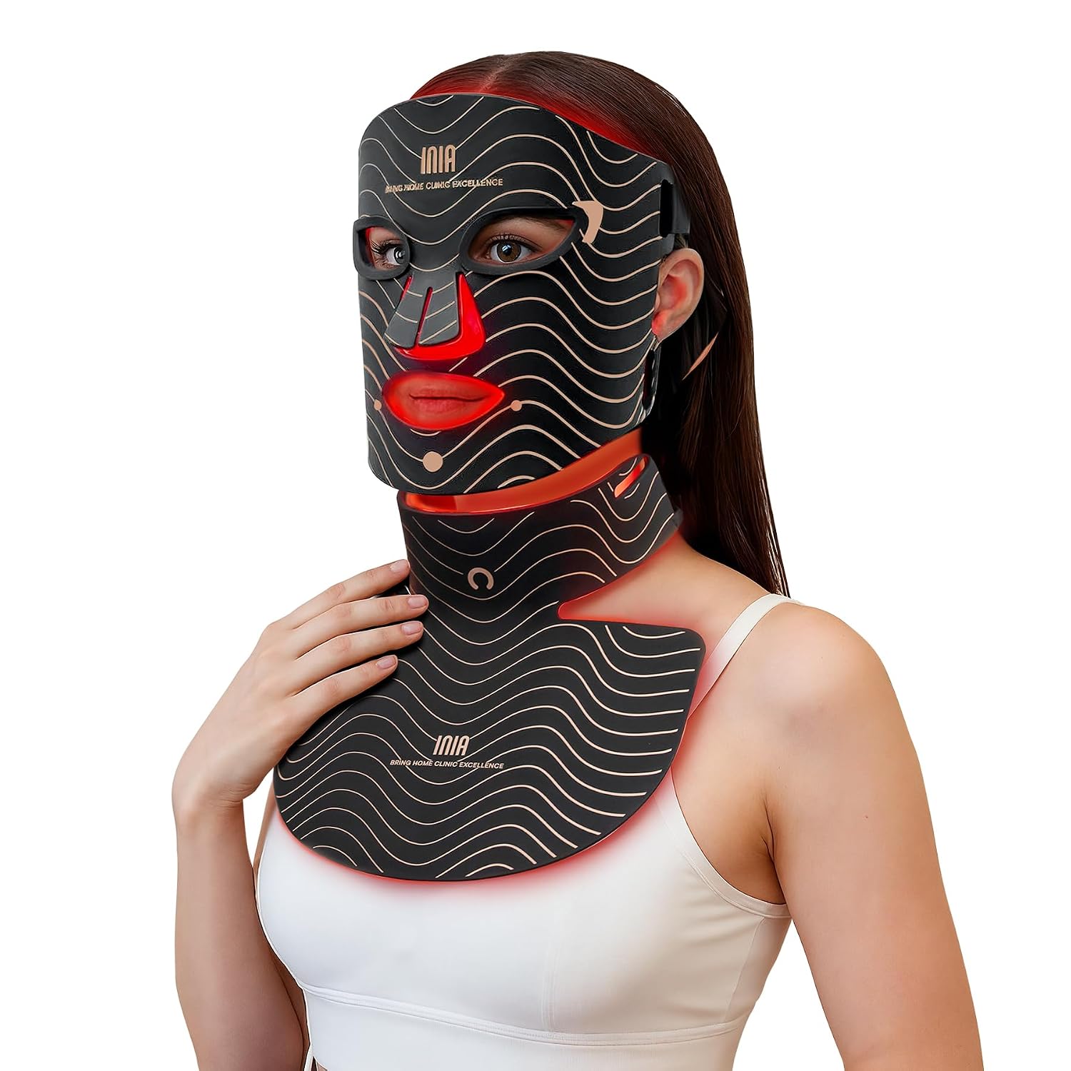 Shows the full product identity and reinforces the dual-zone coverage concept across face, neck, and chest.