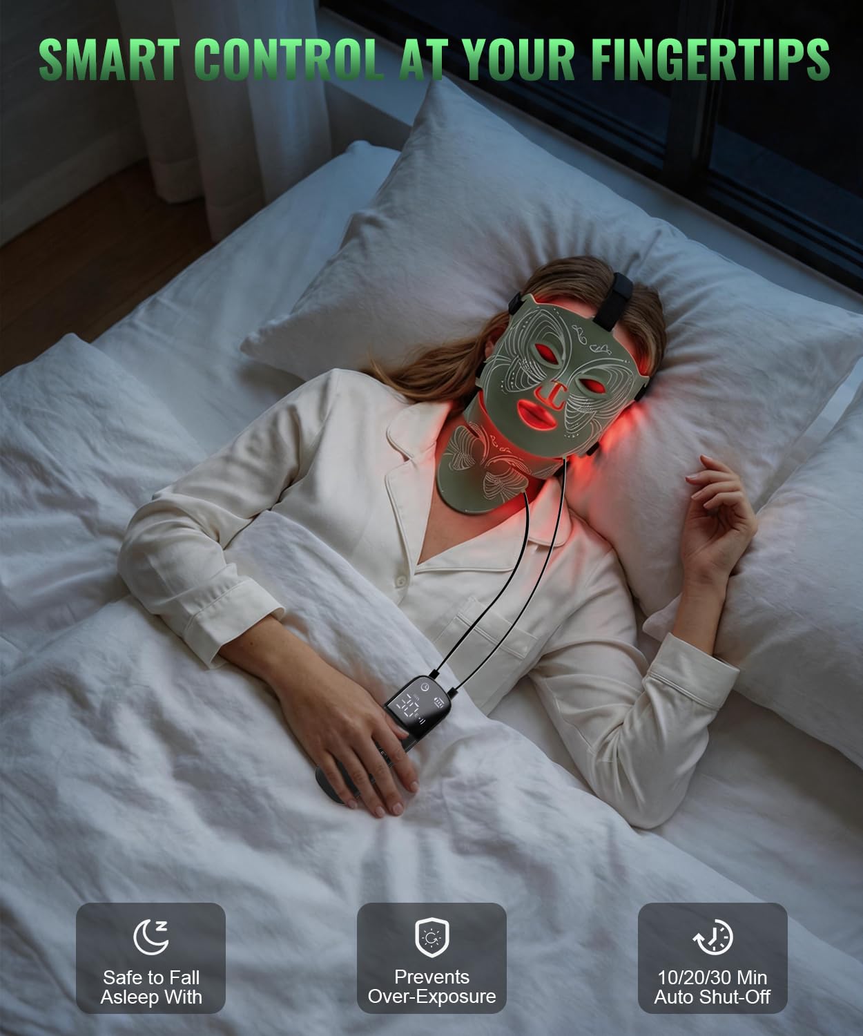 Red Light Therapy Mask For Face & Neck For Anti-Aging,Skin Firming | Skincare Mask,Red LED Beauty Device,Long‑Lasting Battery,Timing Function,Rechargeable Home Green