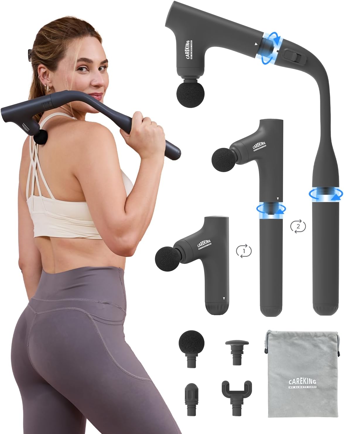 Highlights the core design: the 3-in-1 detachable handle and the elongated shape that helps with self-application on the back.