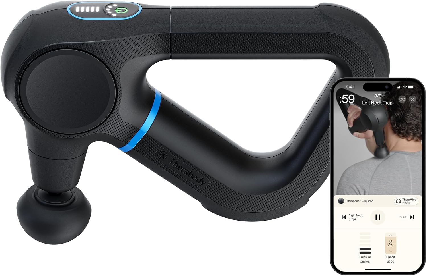Overall design, premium positioning, and the triangular grip shape that defines the Theragun form factor.