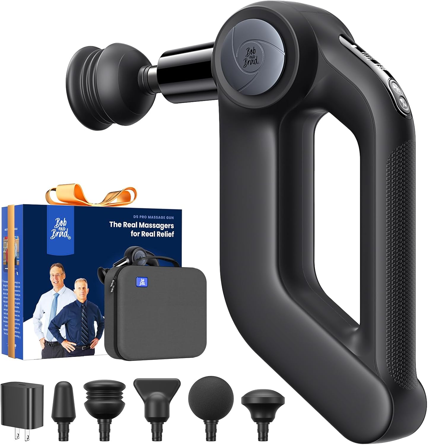 Overall shape, premium presentation, and the ergonomic D-handle that differentiates this model from standard massage guns.